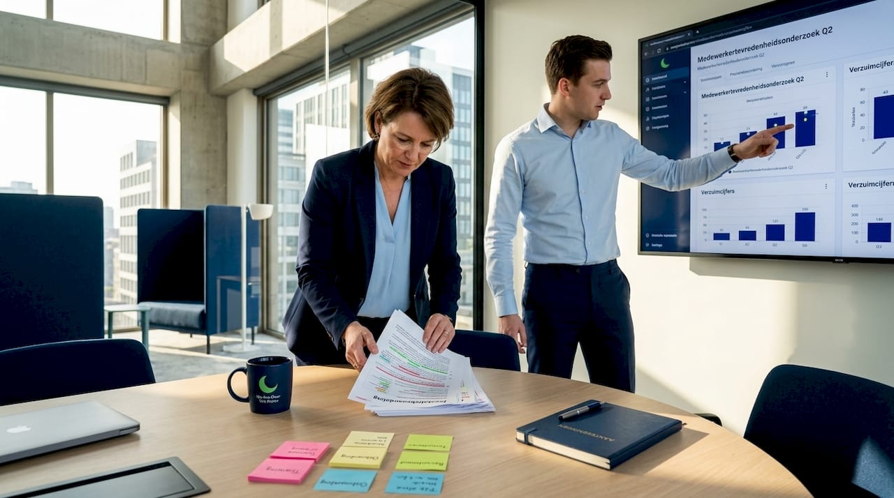 De HR-manager en een collega zitten samen om het strategisch plan door te nemen.