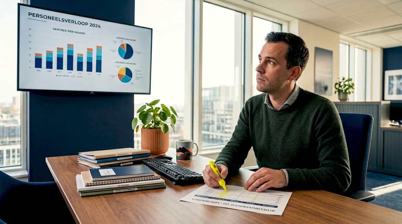 Een HR-medewerker analyseert de resultaten van een pulse-enquête achter zijn bureau.