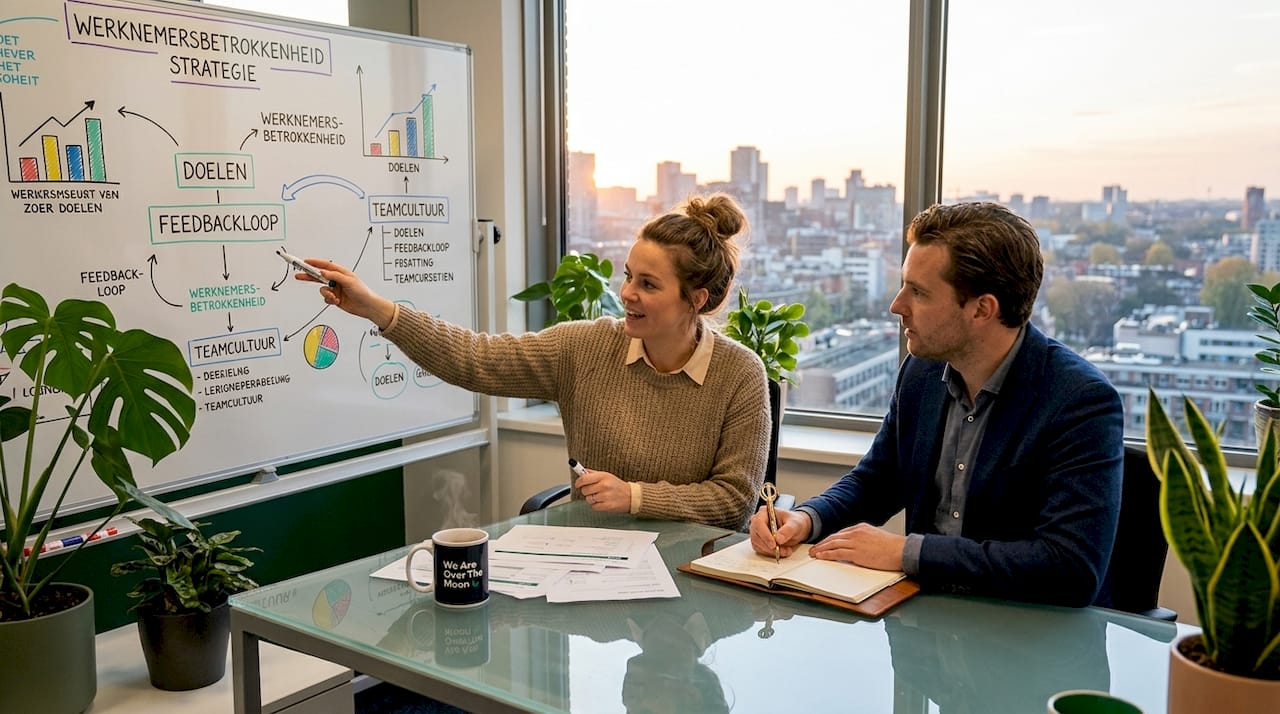Collega’s die met elkaar in gesprek gaan over betrokkenheid op de werkvloer.