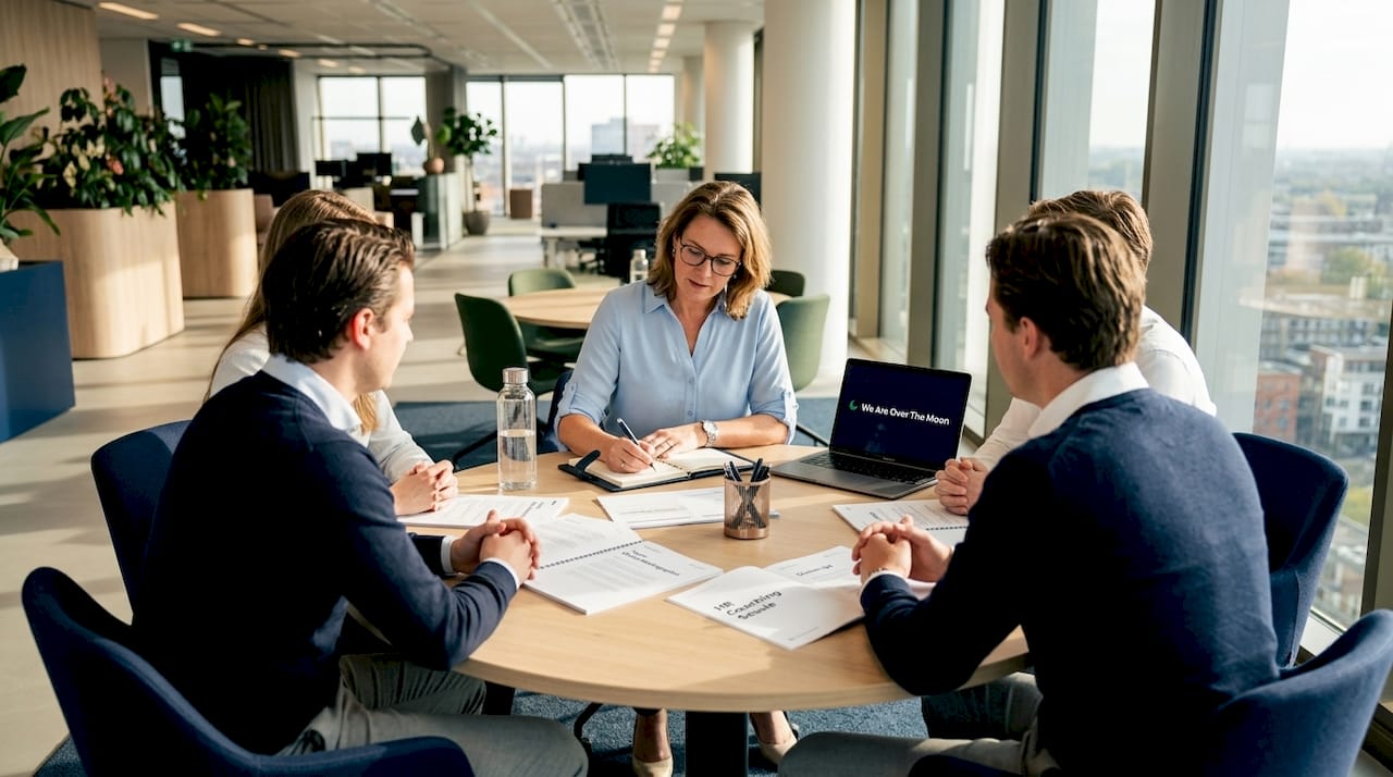HR-manager begeleidt een interactieve sessie met een klein team