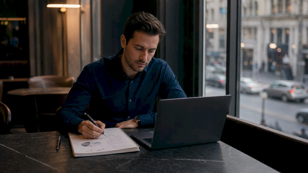 Ein Mann sitzt am Schreibtisch und arbeitet am Laptop, während Kreditkarten neben ihm liegen.