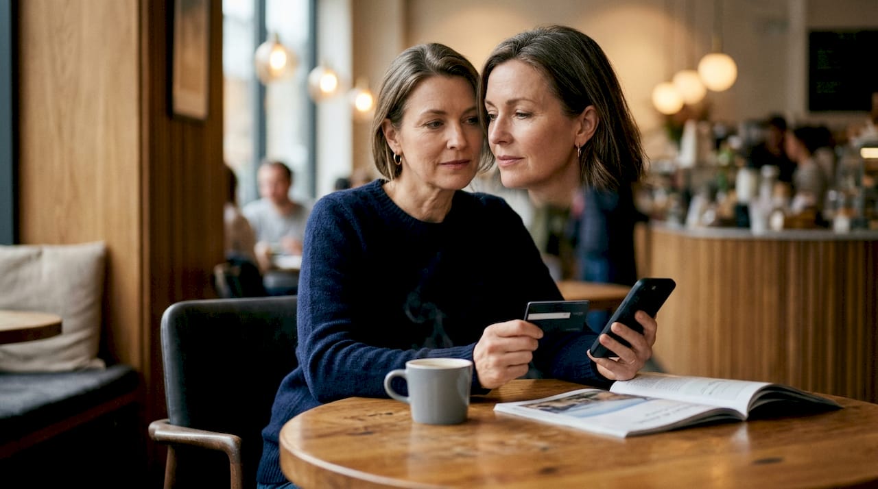 Im Café hält jemand eine Airline-Kreditkarte und das Smartphone in der Hand.