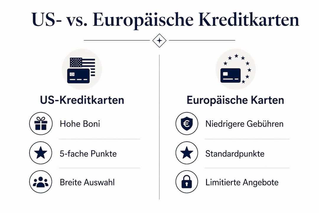 Grafische Übersicht: Unterschiede zwischen amerikanischen und europäischen Kreditkarten