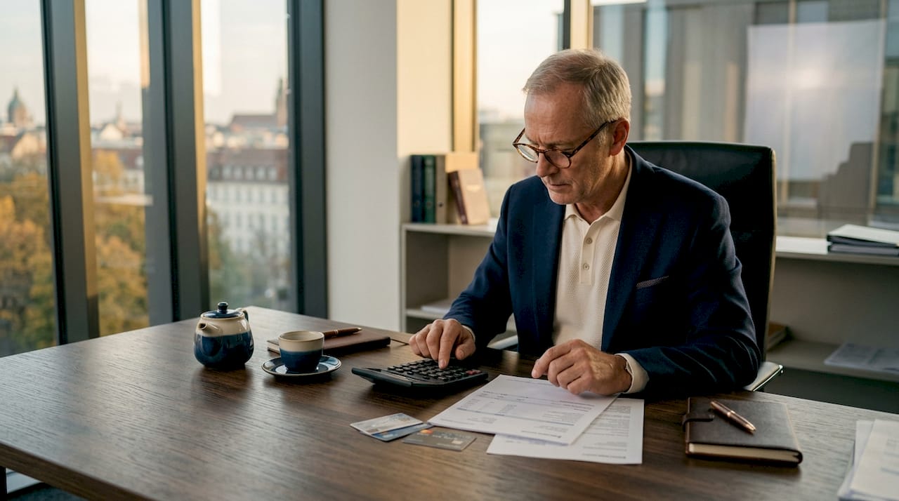 Mit den Händen wird am Tisch das Haushaltsbudget durchgerechnet – Einnahmen und Ausgaben werden genau abgewogen.