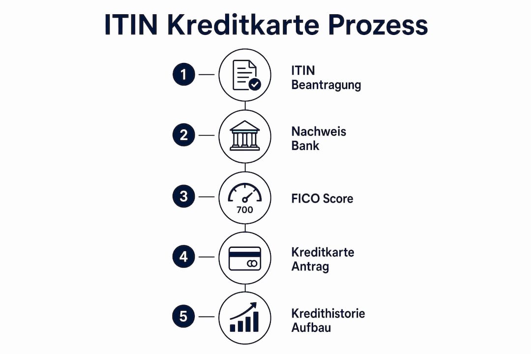 Die Infografik veranschaulicht, welche Schritte bei der Beantragung einer ITIN-Kreditkarte zu beachten sind und welche Unterlagen Banken dafür verlangen.