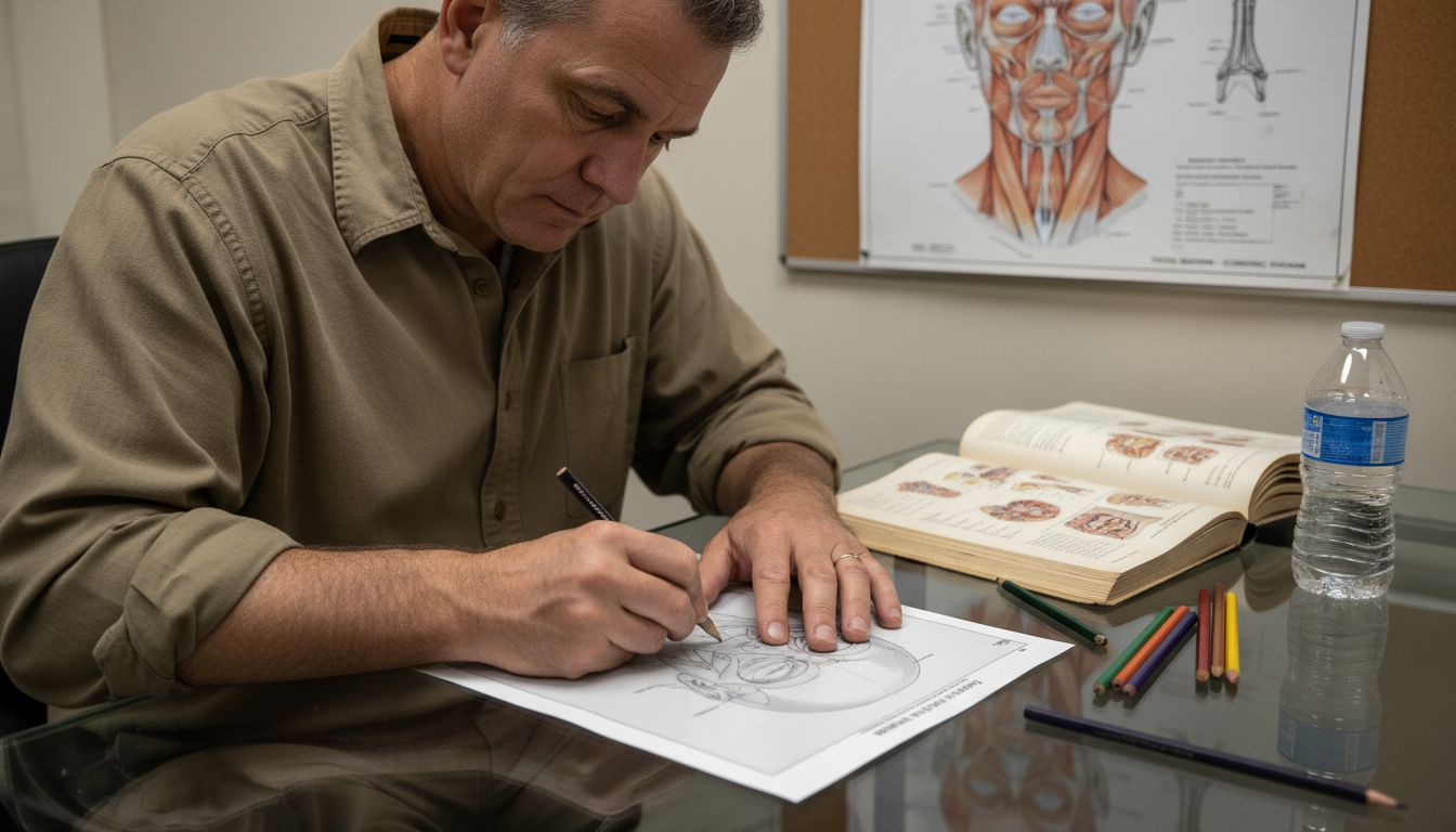 Practitioner sketching facial structures at office table