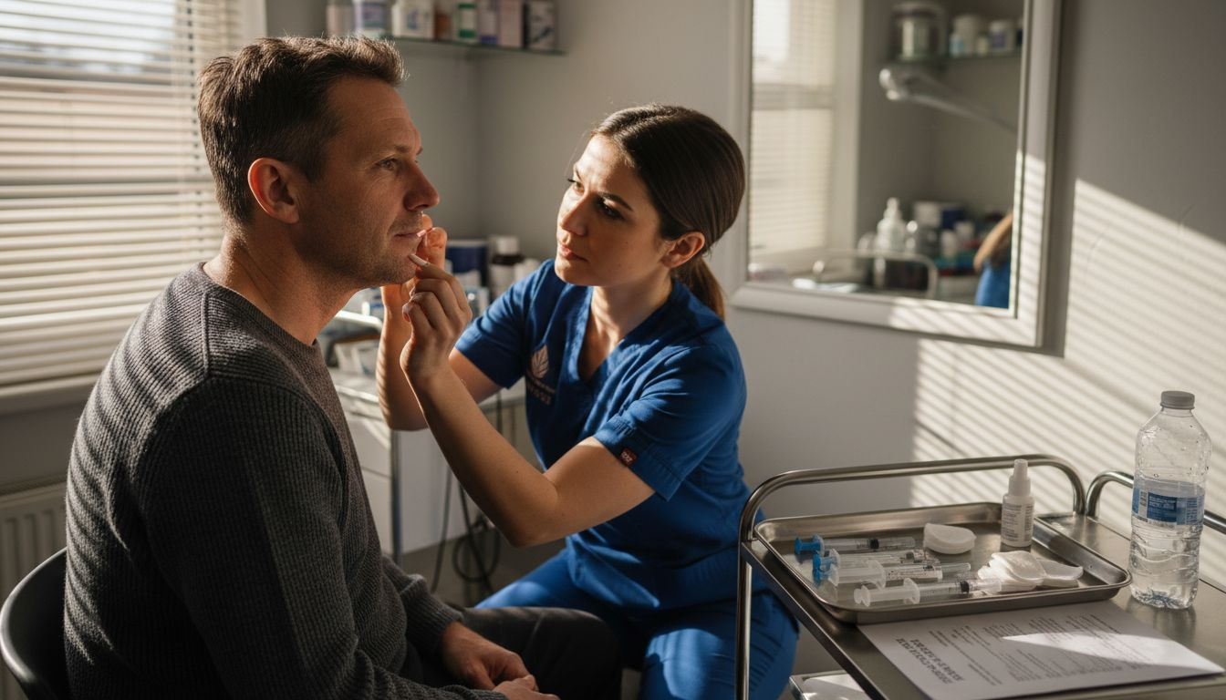 Nurse prepares facial injectable in treatment room