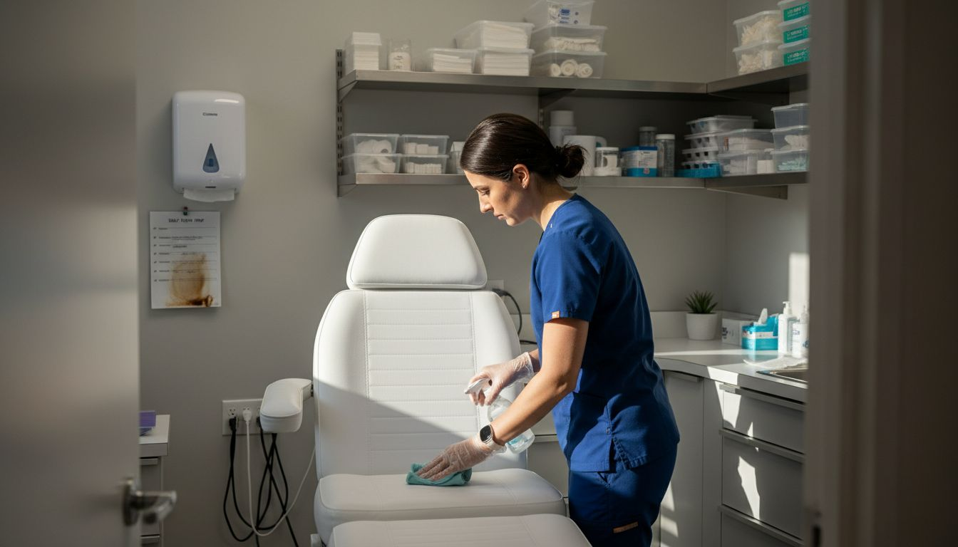 Assistant disinfects chair in clinic room