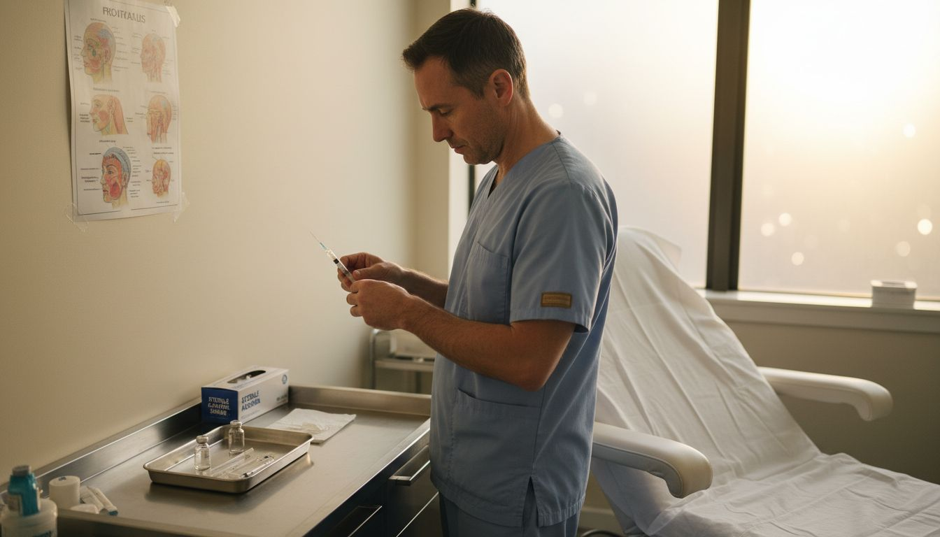 Nurse prepares filler dose in clinic room