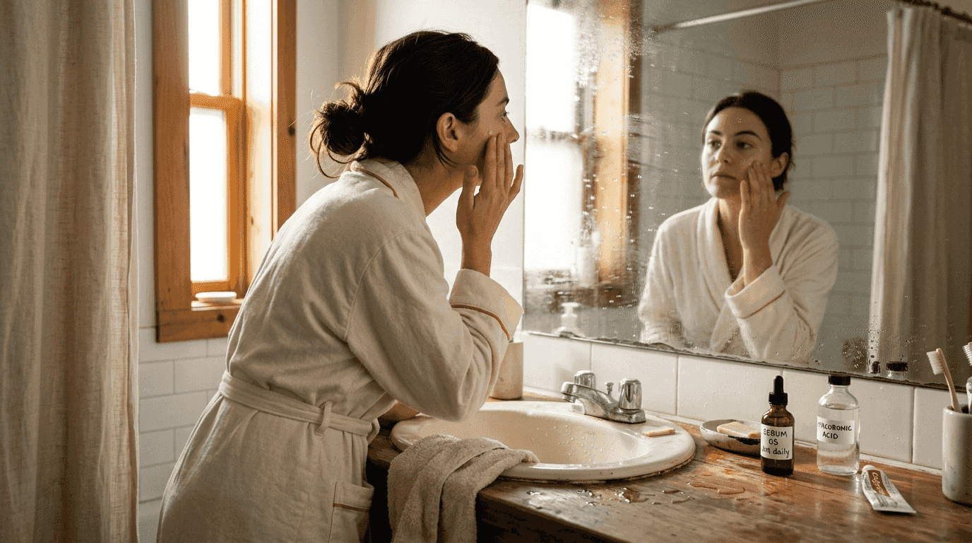 Person applying skincare products at bathroom sink