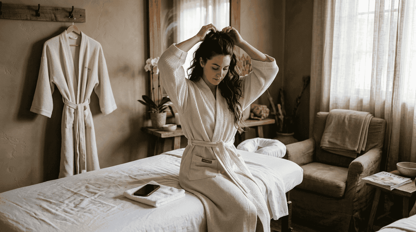 Spa client prepares for facial treatment