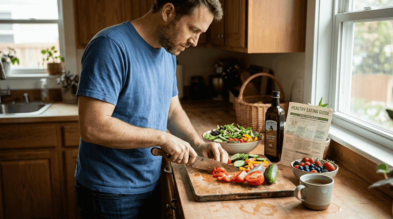 Man making salad with healthy ingredients