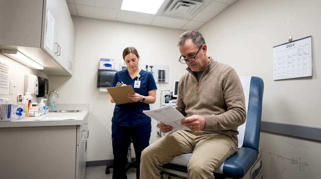 Patient reading paperwork before skincare procedure