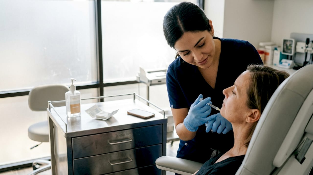 Nurse injecting facial filler in clinic