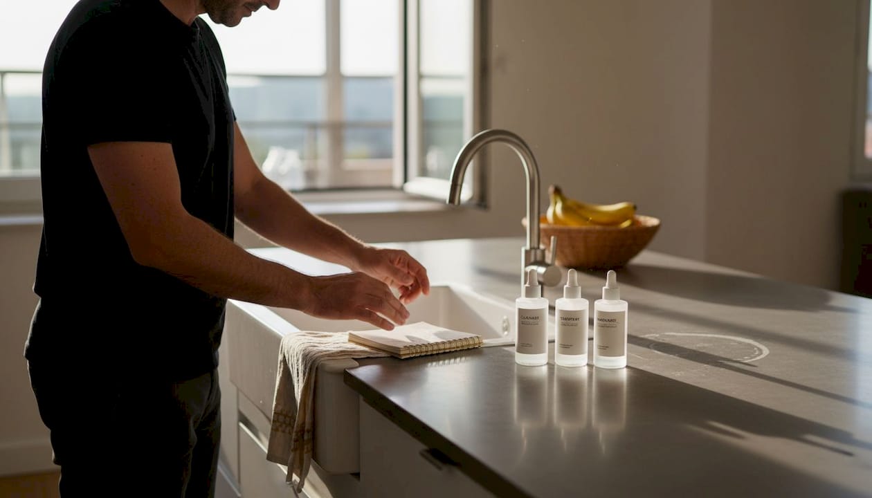 Man preparing step-based skincare routine