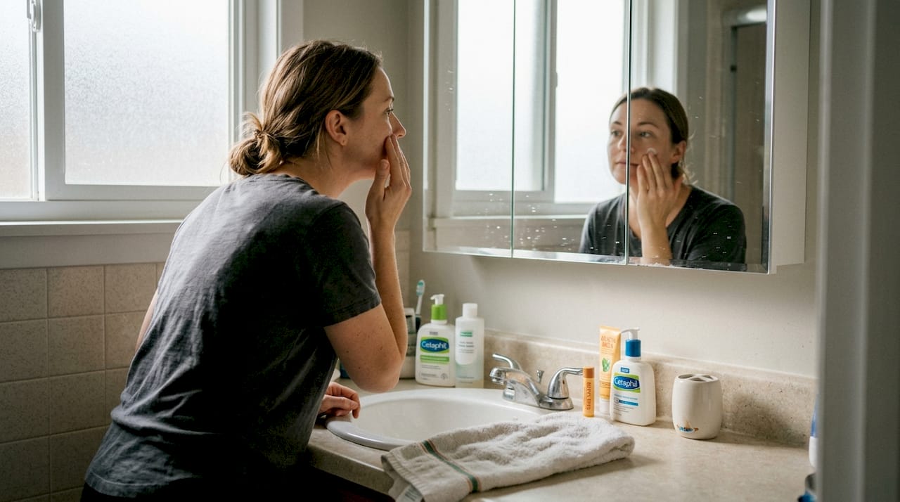 Woman applying skin care at bathroom sink