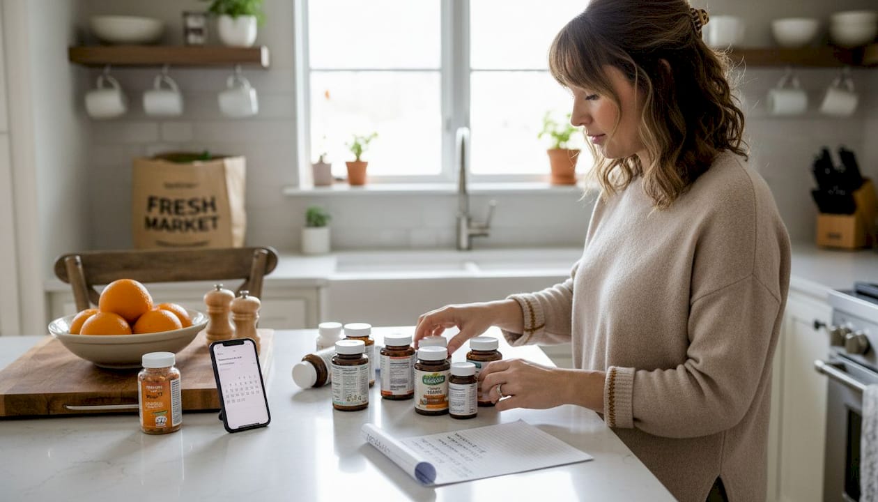 Woman sorting supplements in kitchen before appointment