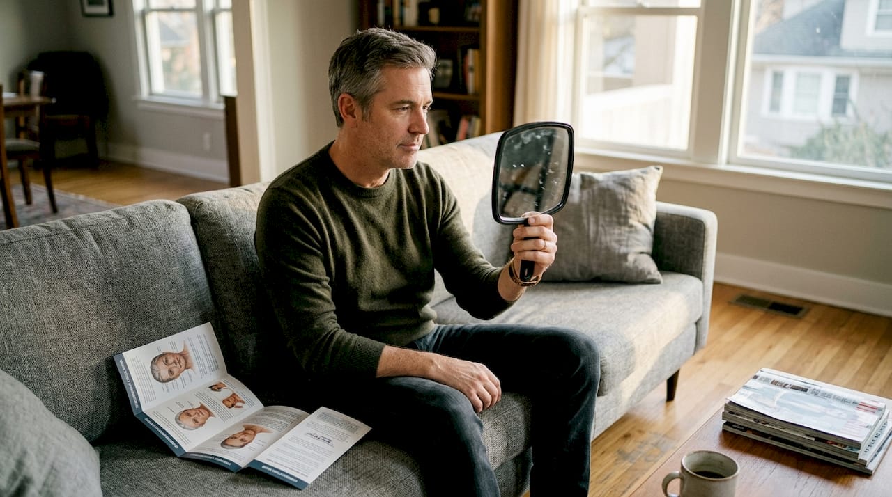 Man examining facial changes in living room
