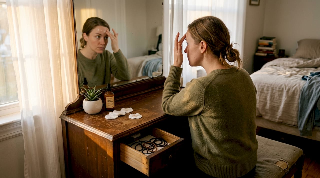 Woman practicing gentle skin care at home
