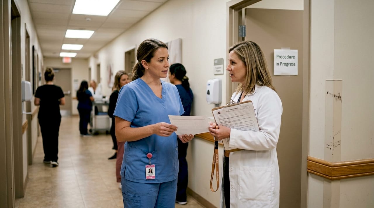 Clinic staff discussing patient paperwork