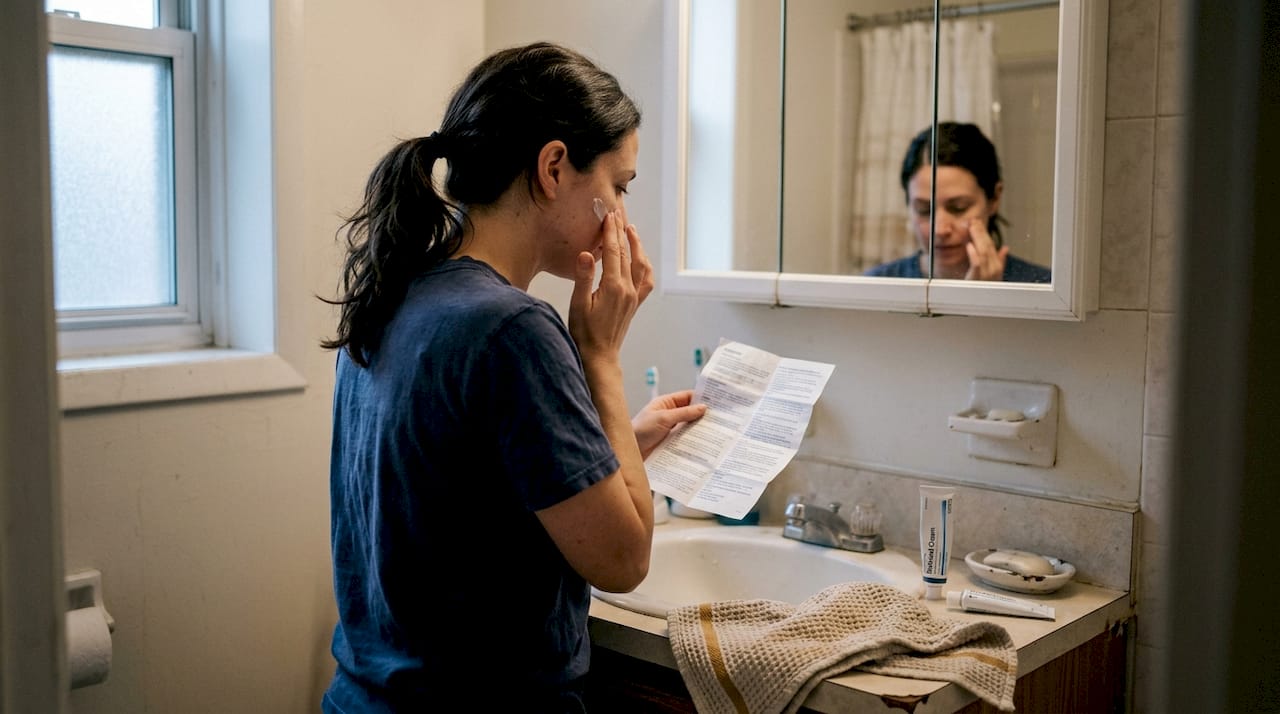 Woman applying retinoid cream in bathroom