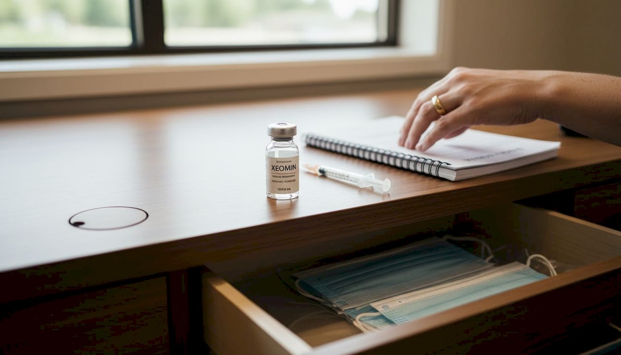 Xeomin vial and clinical workspace details