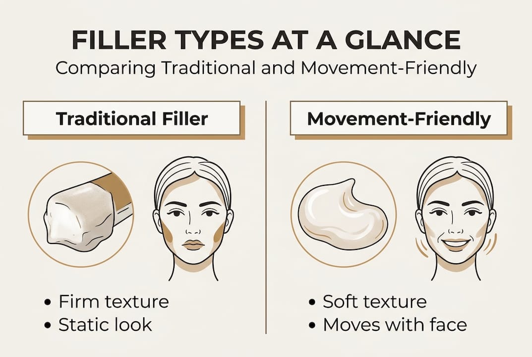 Infographic comparing traditional versus movement-friendly fillers