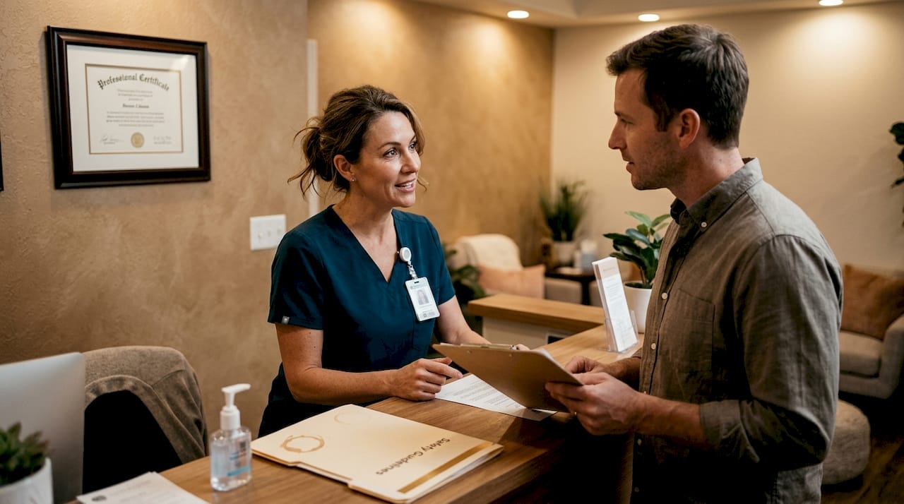 Spa provider discusses safety guidelines with client