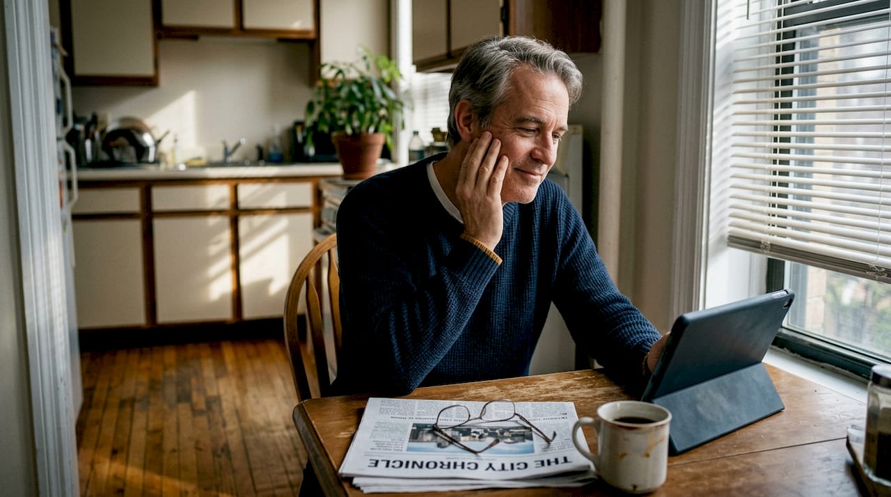 Man observing aging face at home table