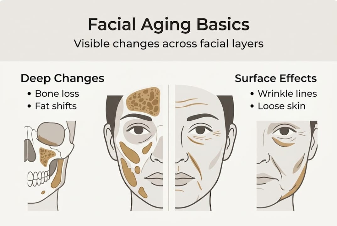 Infographic showing facial aging changes by layer