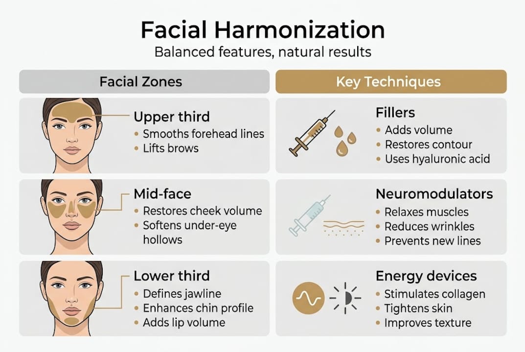 Infographic on facial regions and harmonization methods