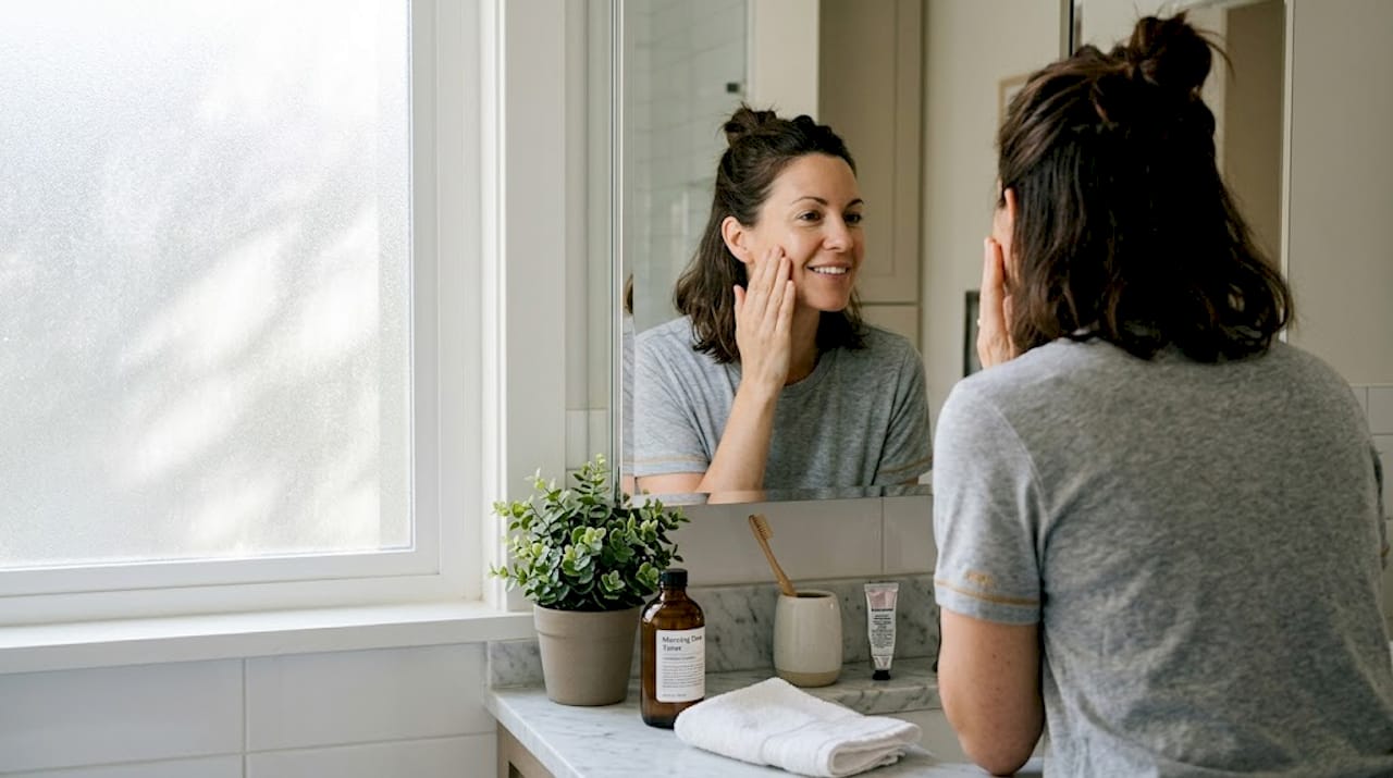 Woman checking skin after facial treatment