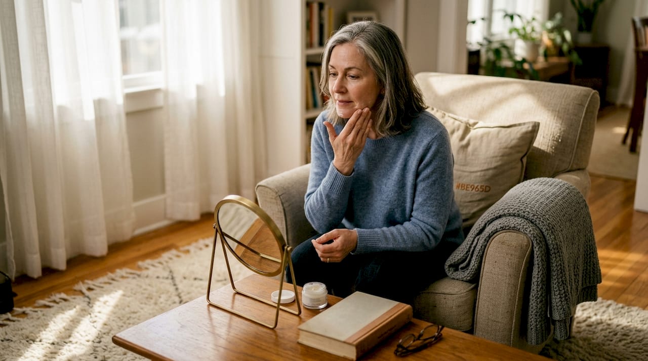 Woman applies skincare in relaxed home setting