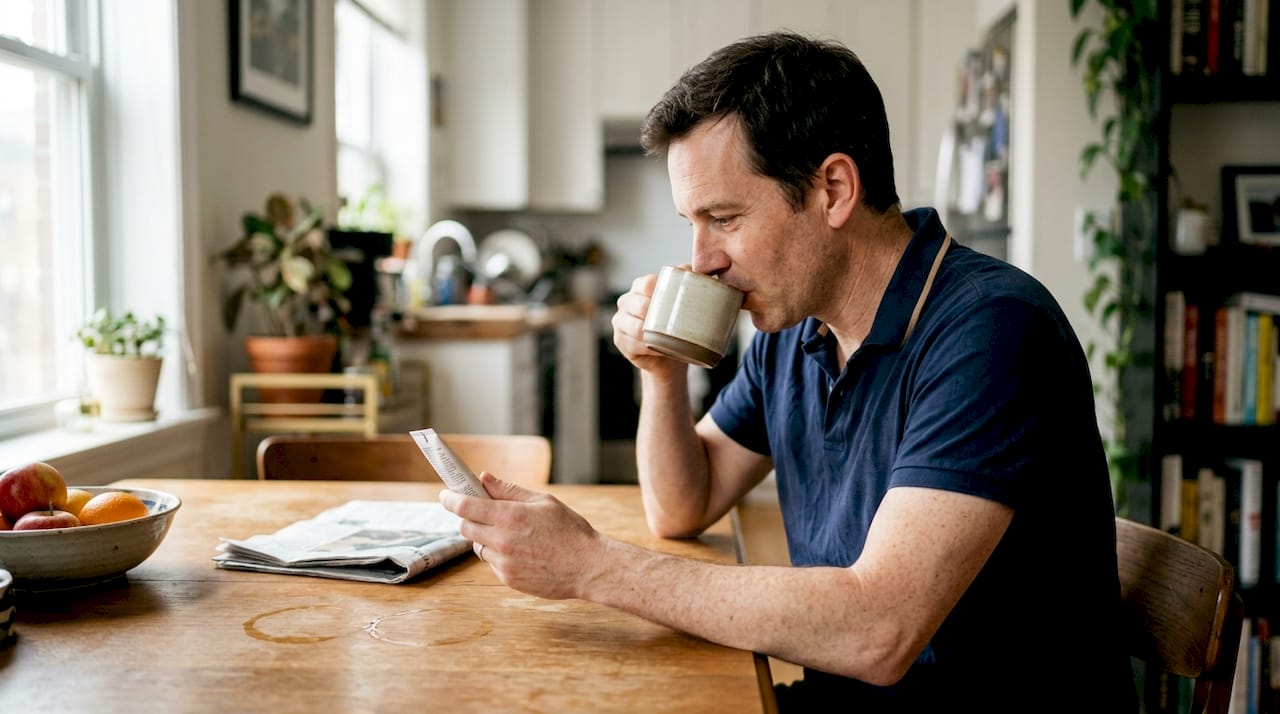 Man reads skincare tube at breakfast table