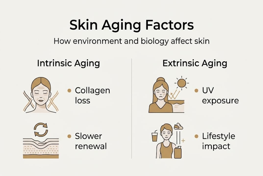 Infographic demonstrates skin aging factors split