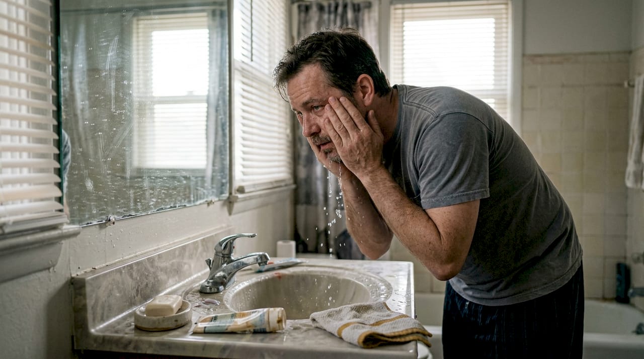 Man washing face at bathroom sink
