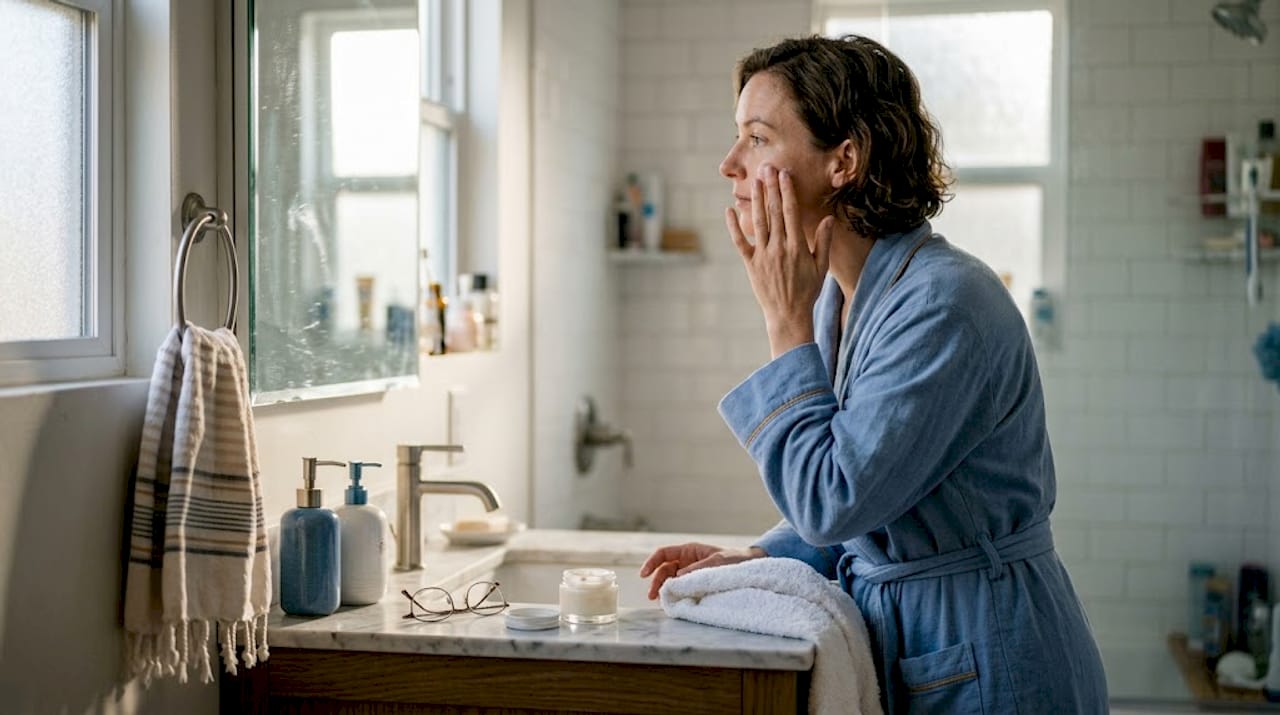 Woman applies skincare at bathroom mirror