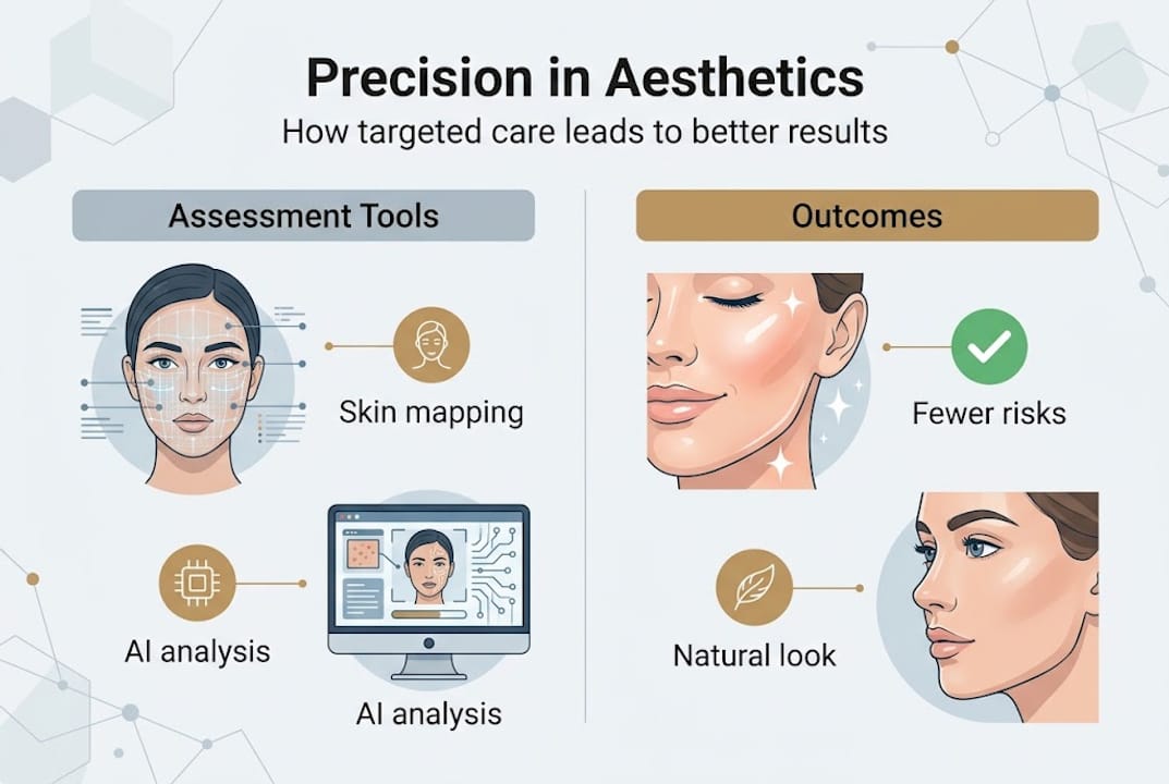 Infographic showing tools and outcomes of precision aesthetics