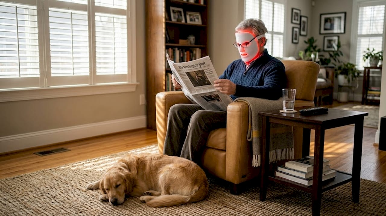 Man using red light therapy mask at home
