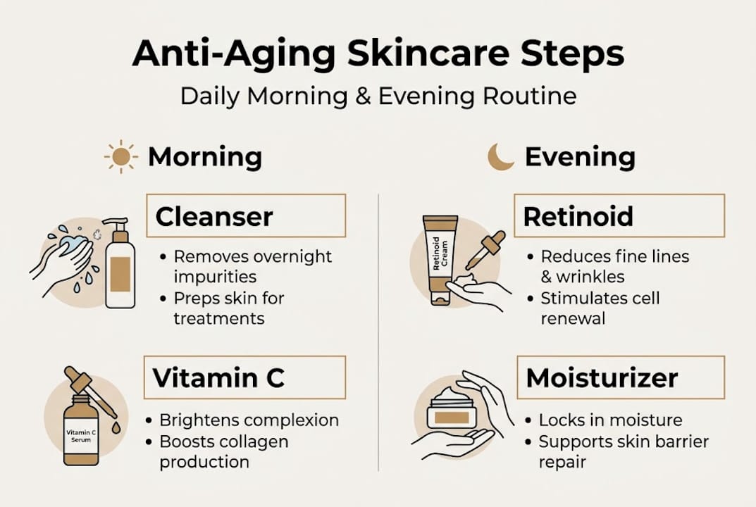 Infographic with morning and evening skincare steps