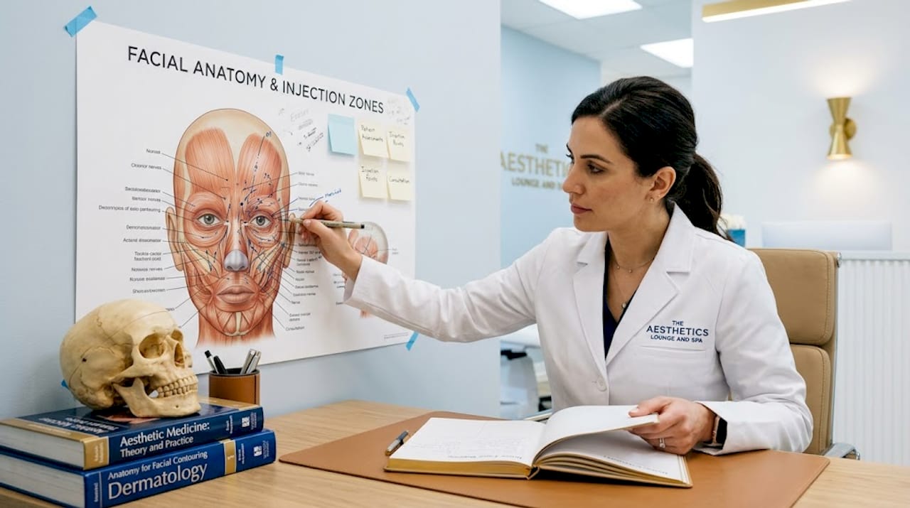 Practitioner marking points on facial anatomy poster