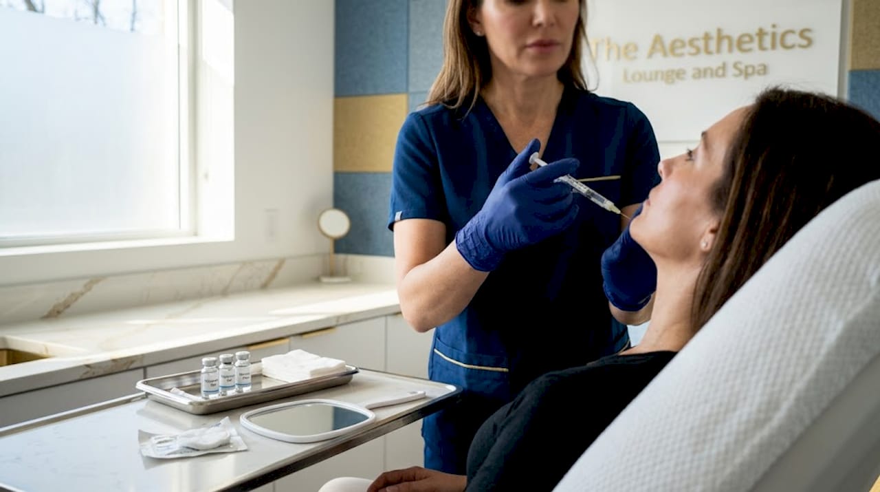 Practitioner prepares syringe for facial injection