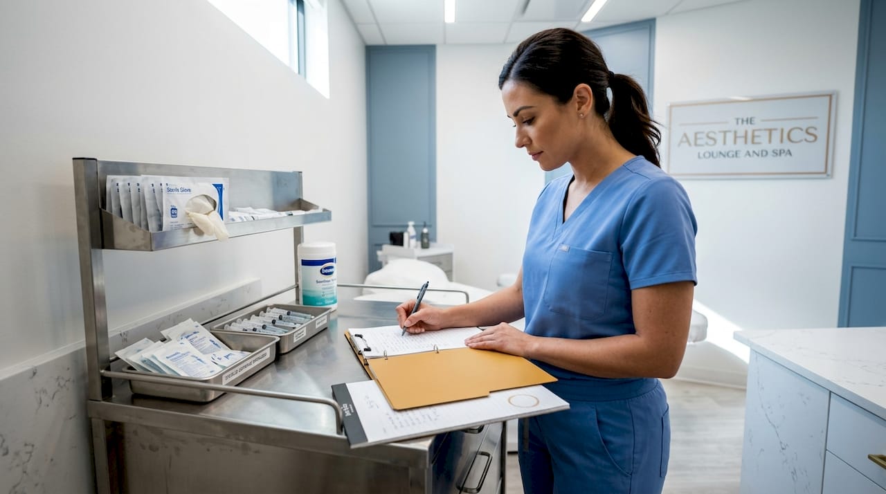 Nurse documenting aseptic preparation steps