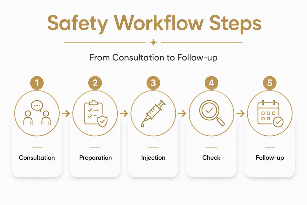 Injectable safety workflow step-by-step infographic
