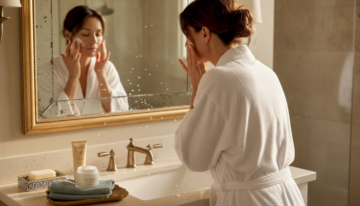 Woman applies moisturizer at bathroom mirror