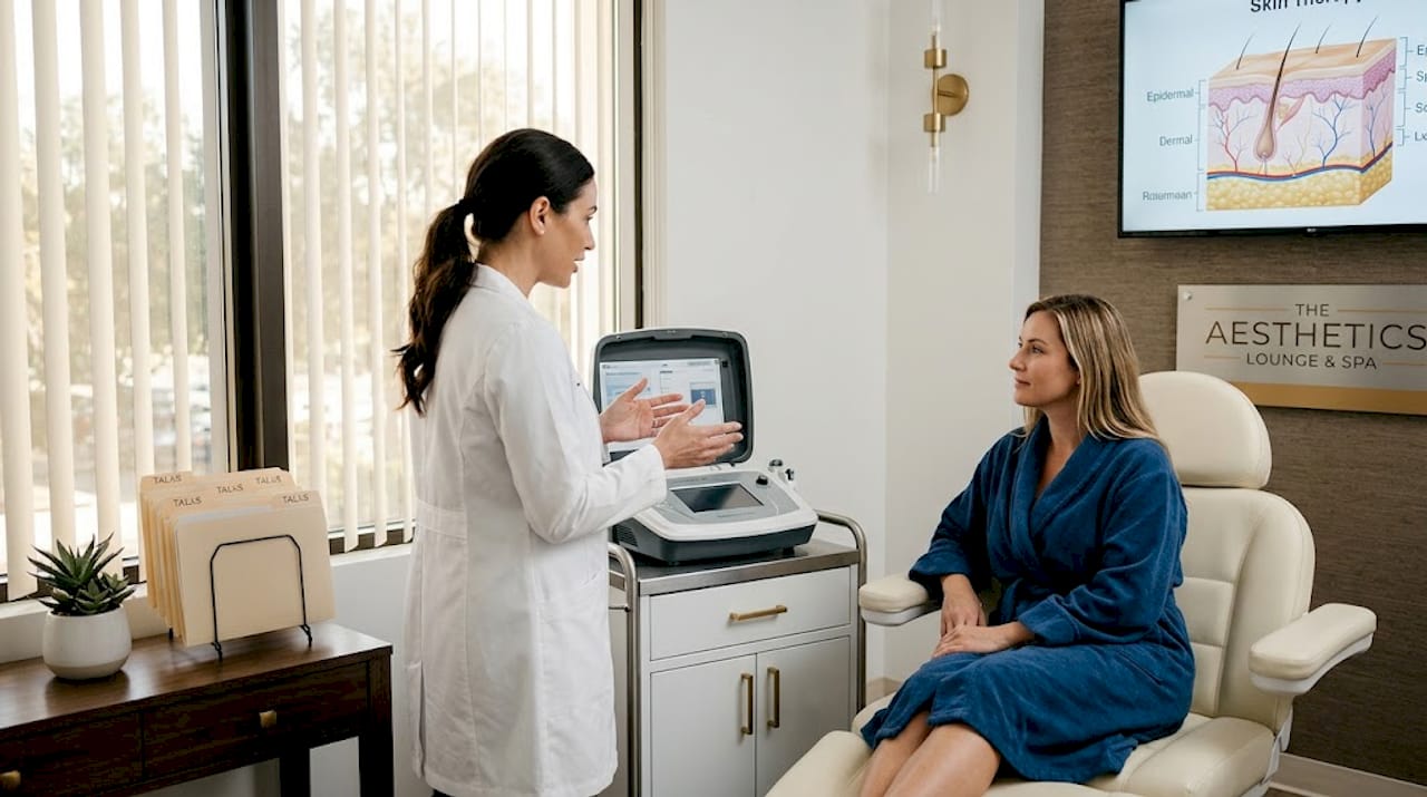Aesthetician discussing regenerative skin device with client