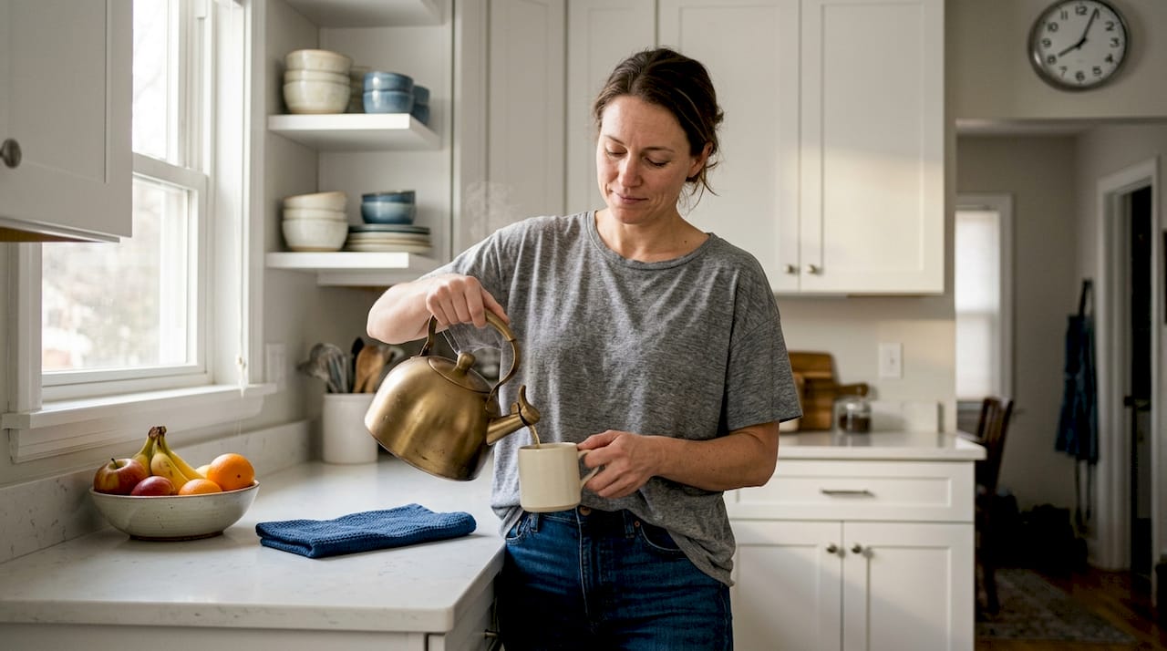 Woman with natural skin in kitchen routine