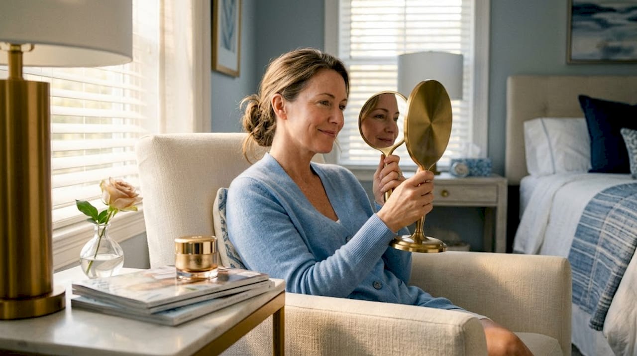 Woman quietly reviewing post-treatment results at home