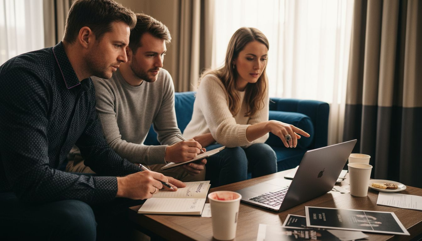 Wedding couple and DJ reviewing playlist together