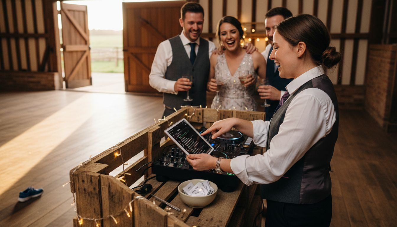 Wedding DJ interacting with guests by dance floor